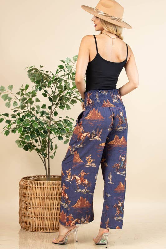AV1243-WALLY WESTERN COWBOY DENIM PRINT WOVEN PANTS: Denim Blue / Contemporary