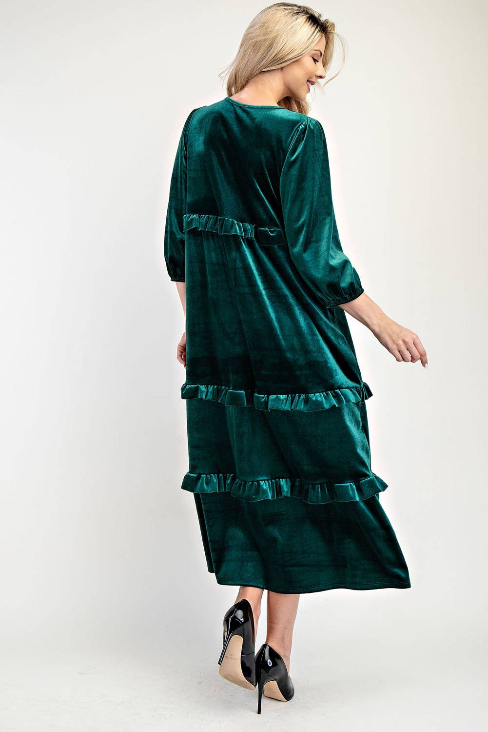 ELEGANT VELVET TIERED MODEST DRESS -MD33897: Purple