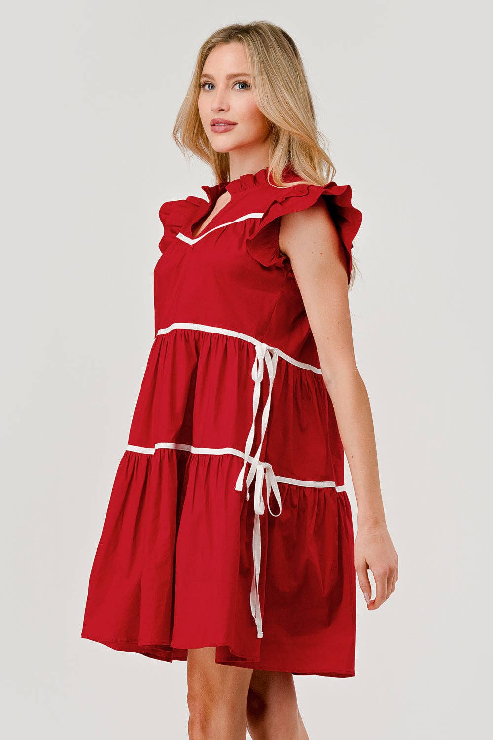 Ashby Tiered Contrast Piping Ruffle Poplin Dress in Ruby Red