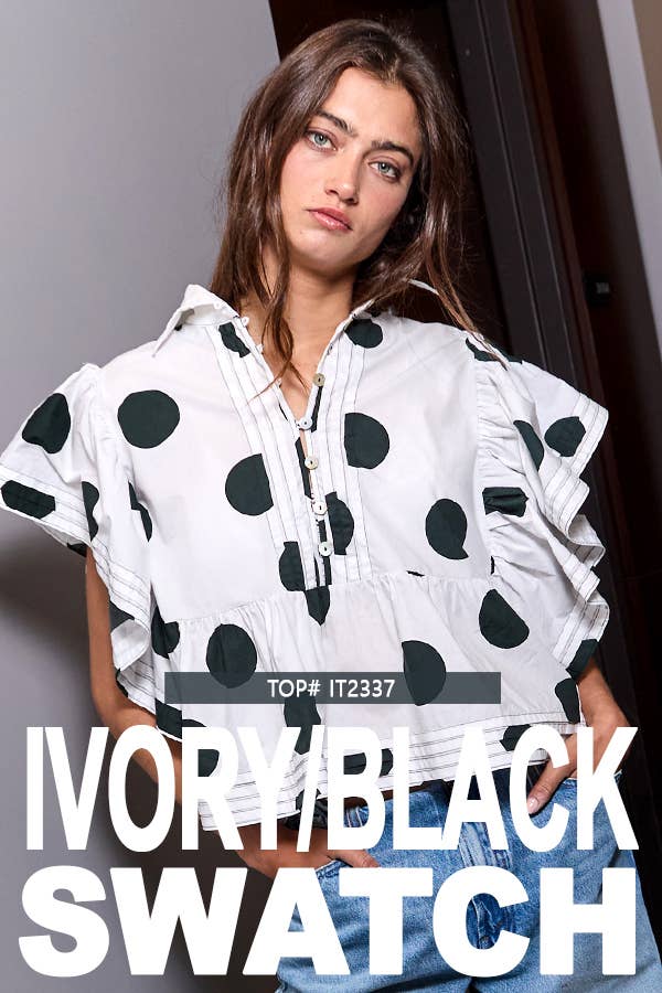 ID4283 Ruffle Sleeve Pintuck Detail Polka Dot Mini Dress: Taupe / S-M-L (2-2-2)