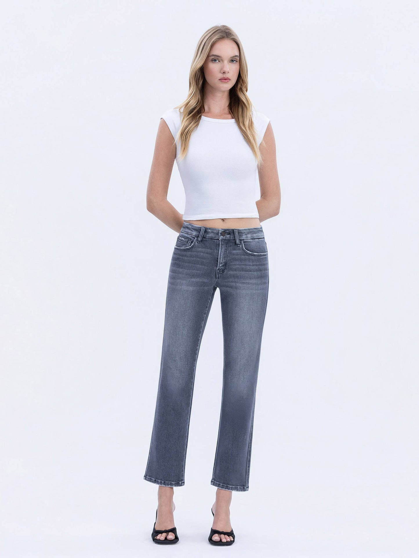 MID RISE SEAMLESS WB GREY ANKLE STRAIGHT JEANS T7119GRY: GREY