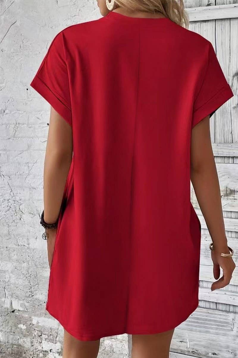CWDSD3628_SOLID COLOR ROUND NECK LOOSE POCKET SHORT DRESS: Red