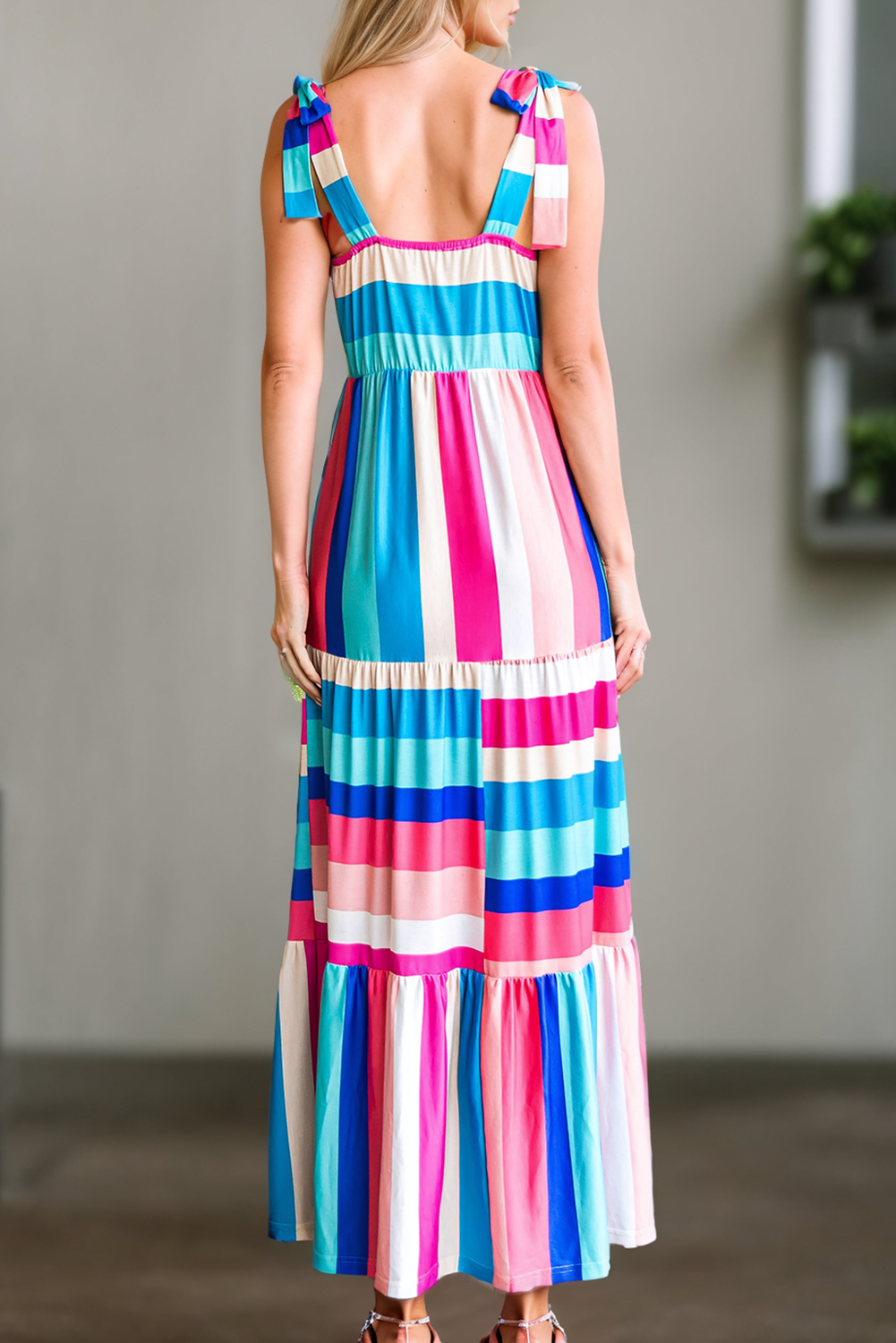 Women Color Block Striped Bow Tie Straps Maxi Dress | S-XL:
