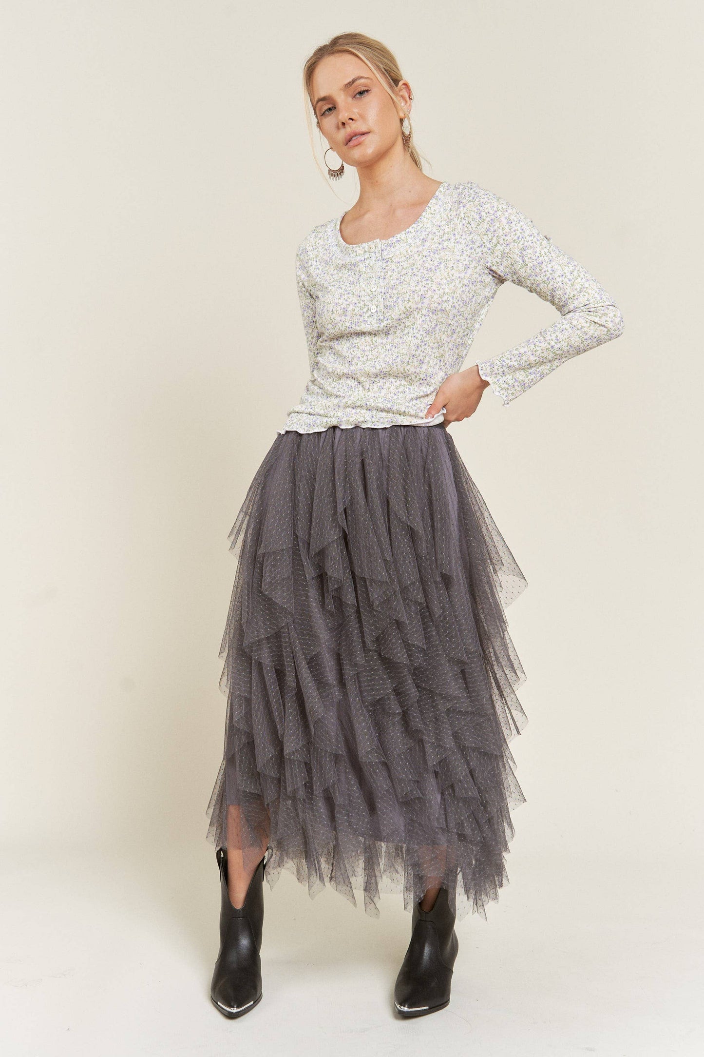 Layered Polka Dot Mesh Lined A-Line Midi Skirt JJB6007: ROSE