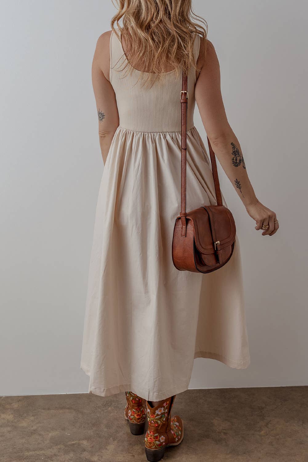 LDC Scoop Neck Ribbed Bodice Pleated Sleeveless Long Dress: Sky Blue