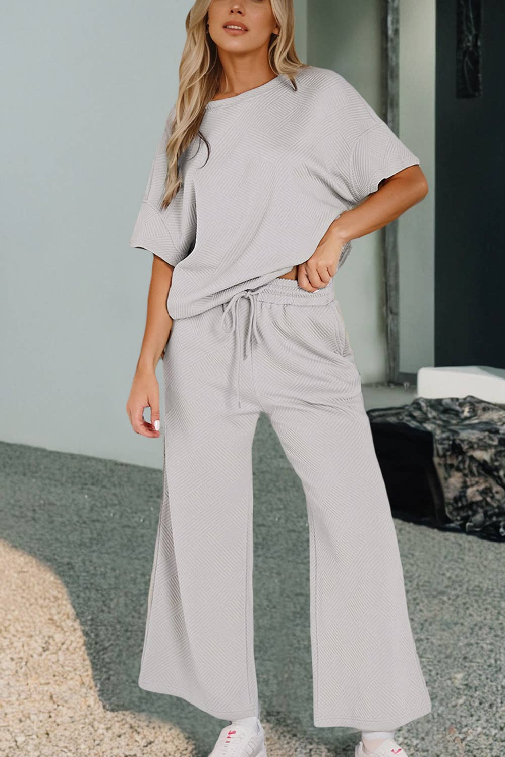 Women Multi-colored Textured T Shirt and Pants Set | S-2XL
