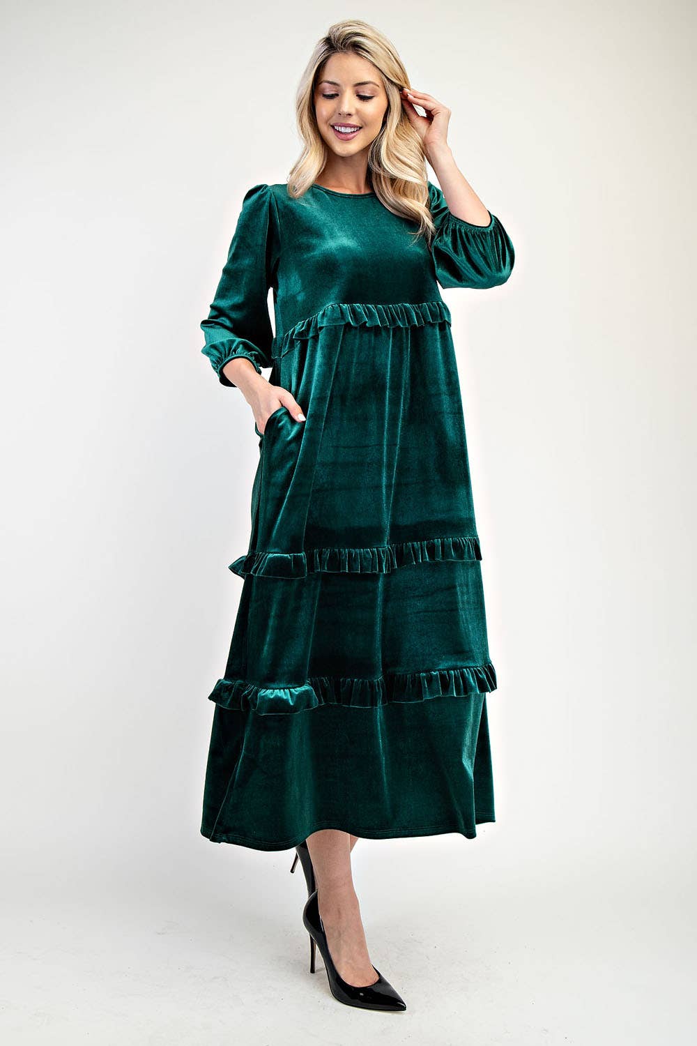 ELEGANT VELVET TIERED MODEST DRESS -MD33897: Purple