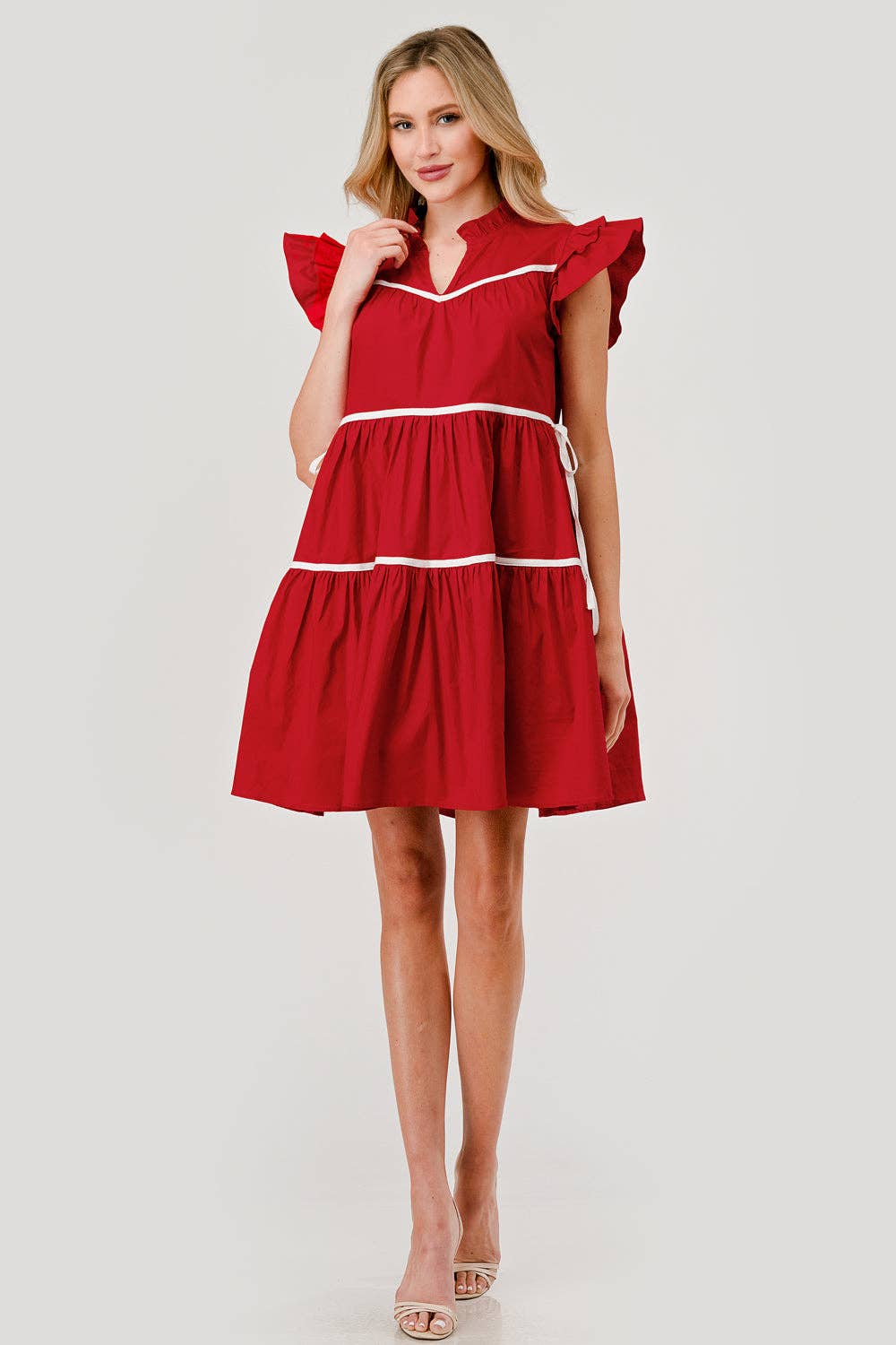 Ashby Tiered Contrast Piping Ruffle Poplin Dress in Ruby Red