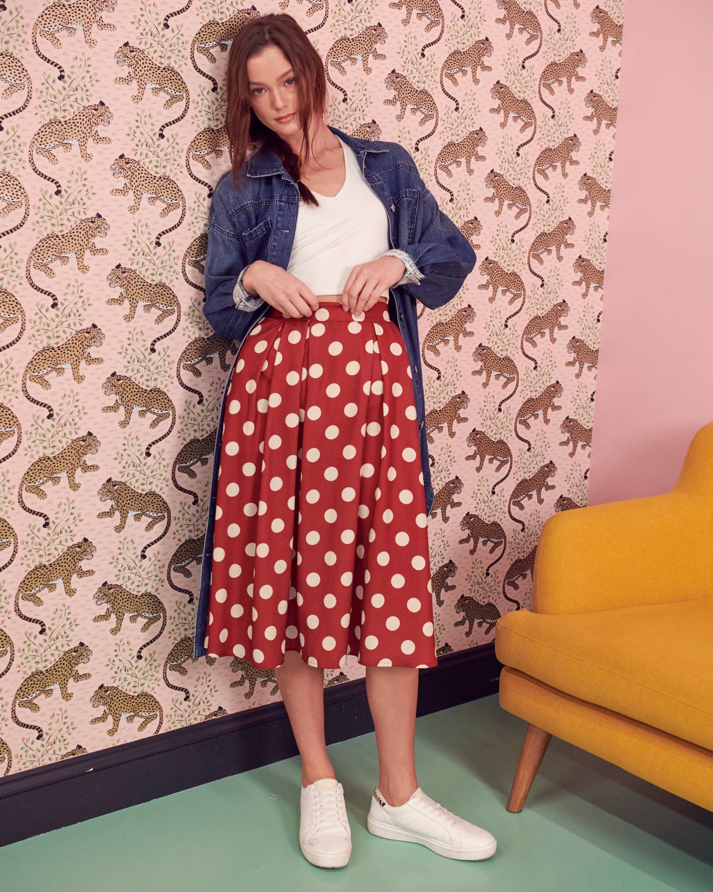 Polka dot PLEATED MIDI SKIRT KRS5041: BLACK