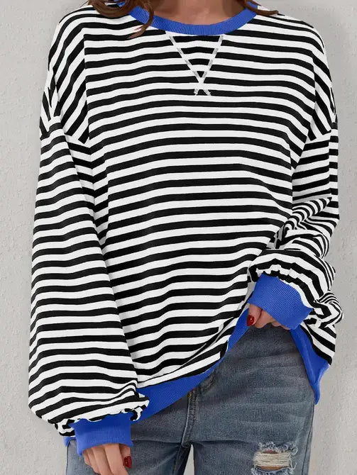 Trendy Oversized Striped Sweatshirt with Bold Trim: Red Stripe