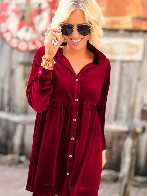 Solid Color Long Sleeve Ruffle Velvet Button Up Dress : Rose