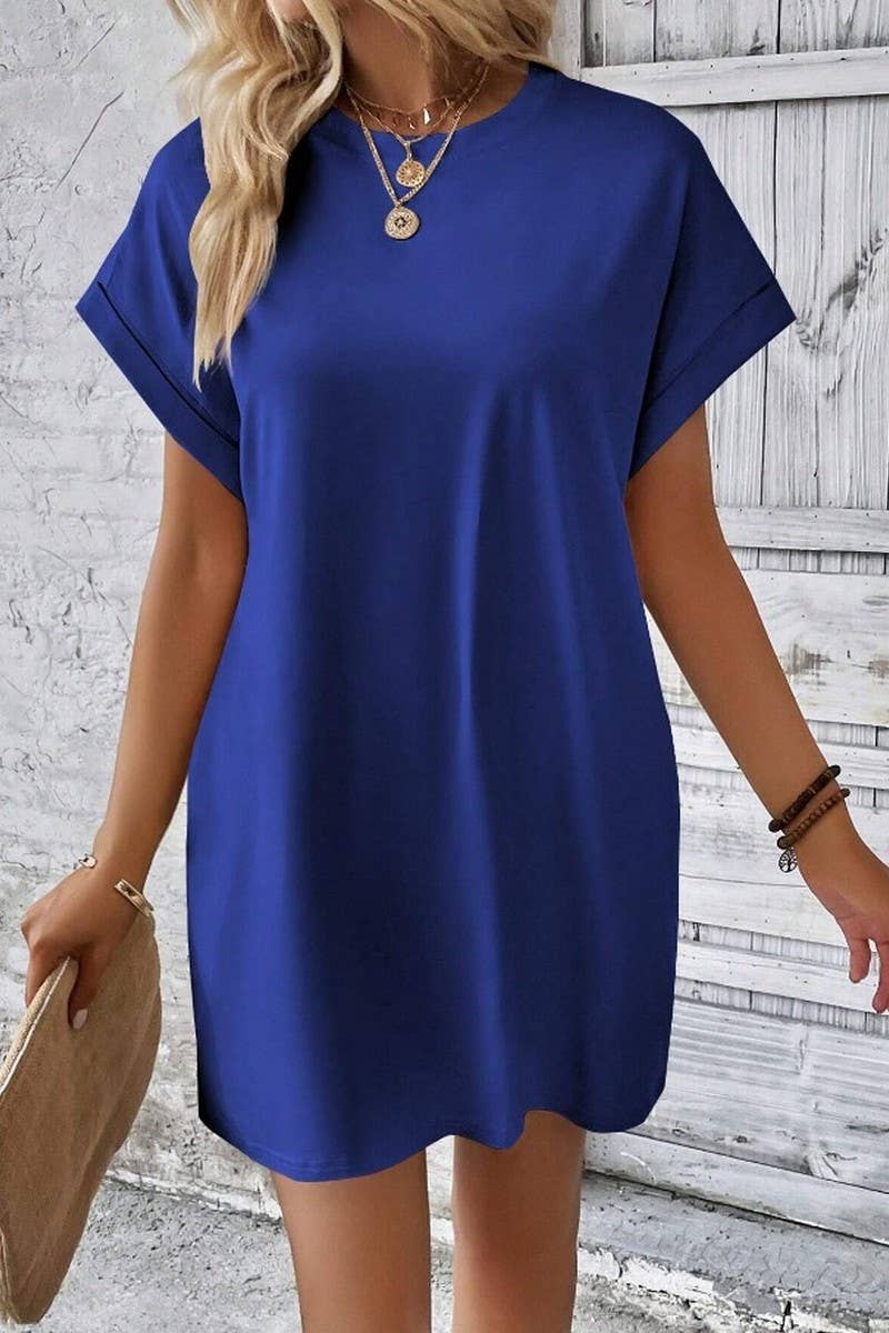 CWDSD3628_SOLID COLOR ROUND NECK LOOSE POCKET SHORT DRESS: Red