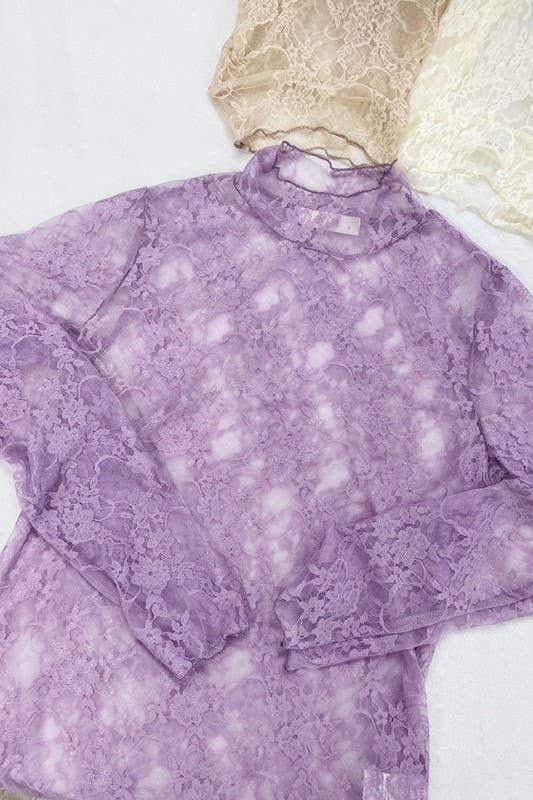 Floral print lace long sleeves top KRT1739 (Plus available): BLACK and White
