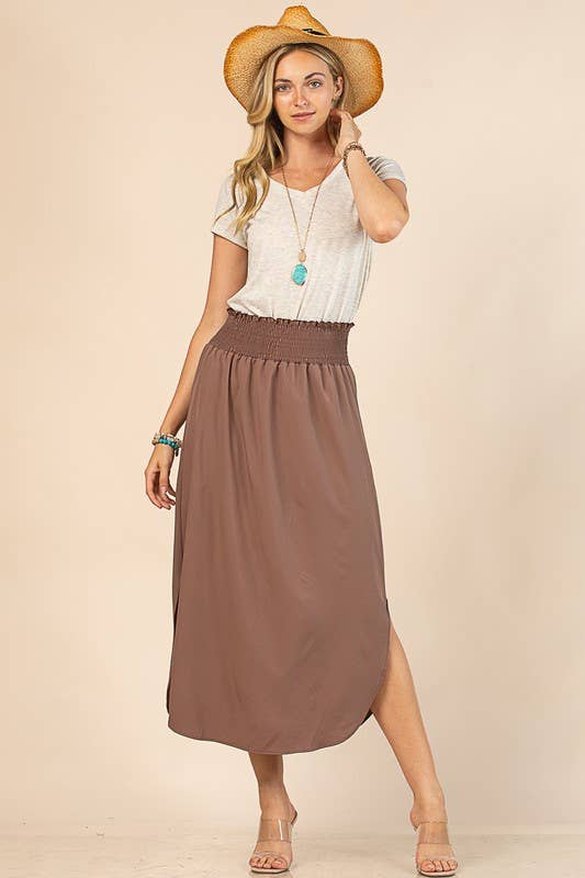 AV1213-MICHELLE ELASTIC BAND WAIST WOVEN MAXI SKIRT: Mocha / Contemporary