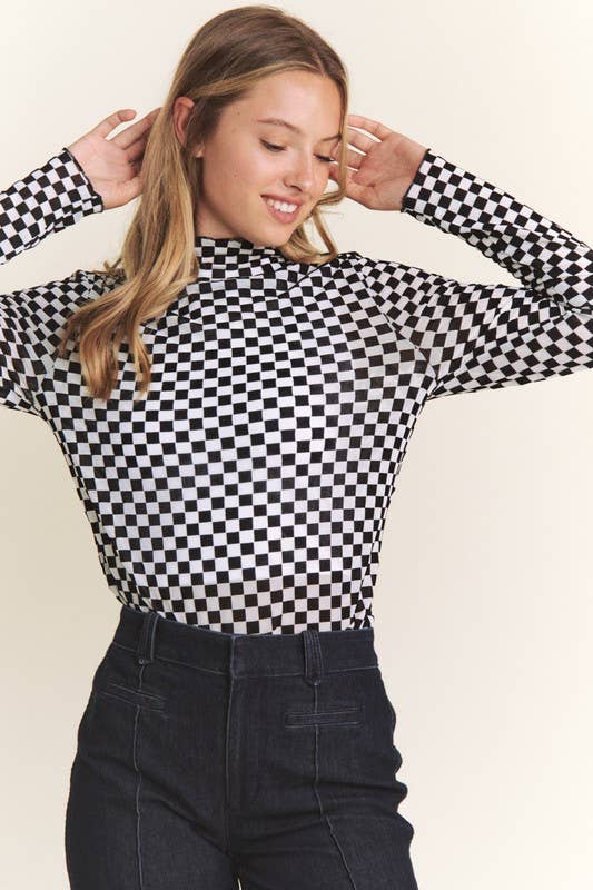 LONG SLEEVE CHECKERED MESH MOCK NECK TOP: BLACK/WHITE