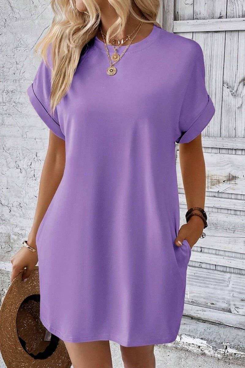 CWDSD3628_SOLID COLOR ROUND NECK LOOSE POCKET SHORT DRESS: Red