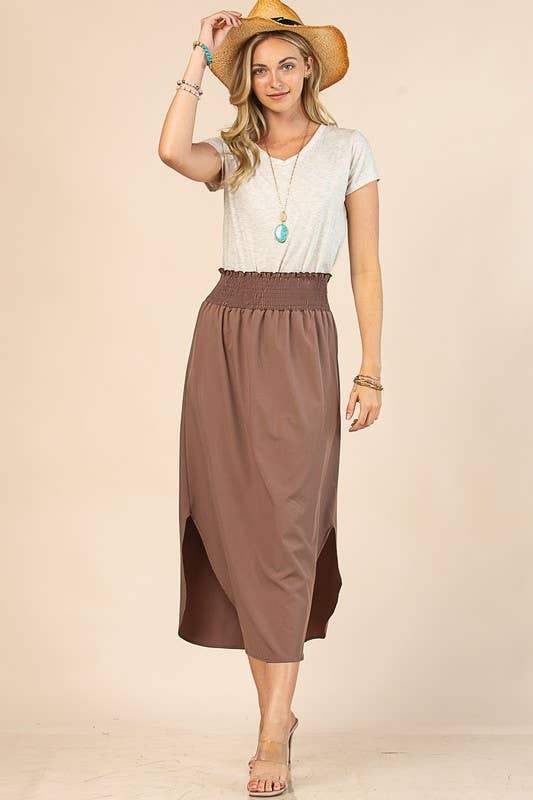 AV1213-MICHELLE ELASTIC BAND WAIST WOVEN MAXI SKIRT: Mocha / Contemporary