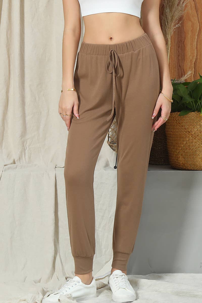 WOMEN DRAWSTRING SOLID COLOR CASUAL PANTS_CWBLP404: Black