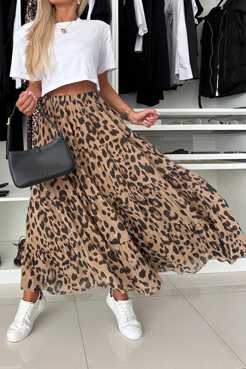 CWBLS0611_NEW AUTUMN LEOPARD PRINT SWING SKIRT: BLACKBROWN