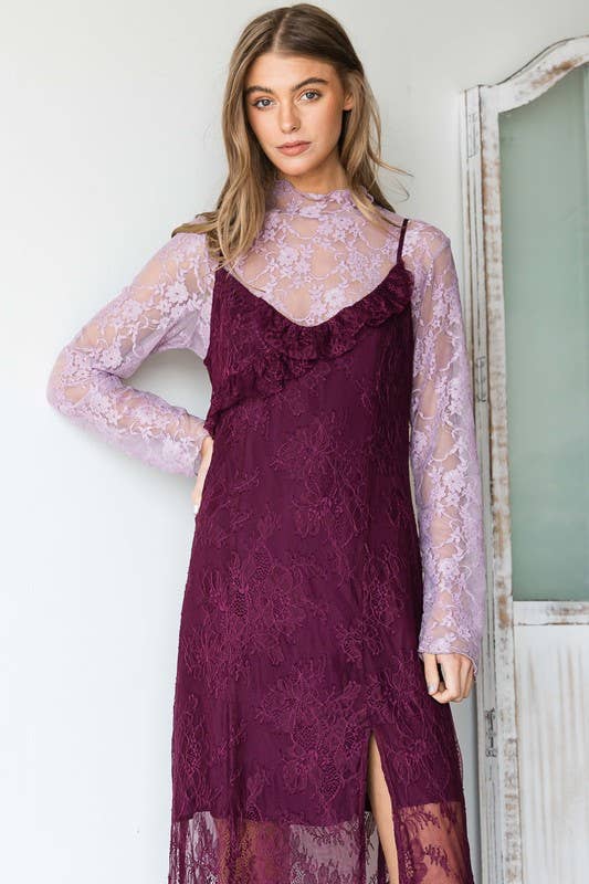 Floral print lace long sleeves top KRT1739 (Plus available): BLACK and White
