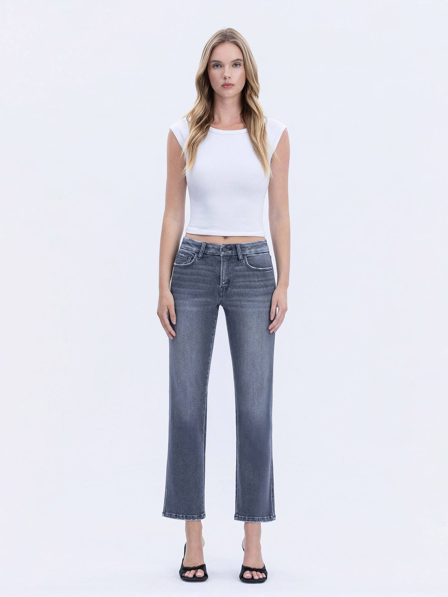 MID RISE SEAMLESS WB GREY ANKLE STRAIGHT JEANS T7119GRY: GREY