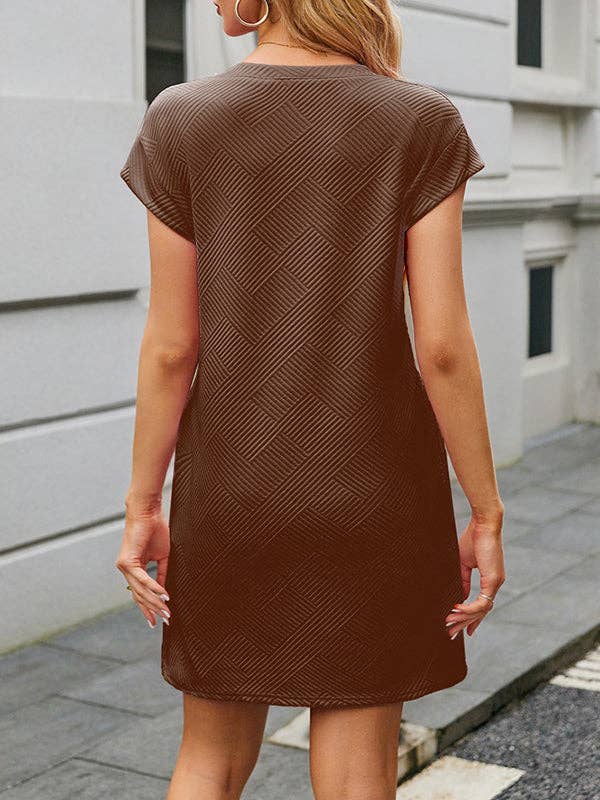 A-Line Loose Jacquard Pockets Solid Color Round-Neck Mini Dresses: FUCHSIA
