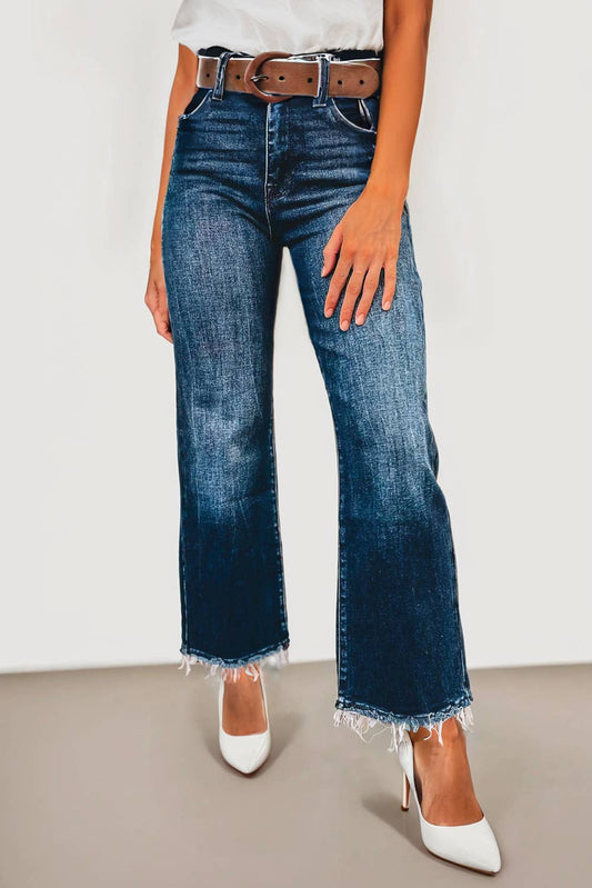 Dark Wash Raw Hem High Waist Jeans | 6-16: As shown / Missy