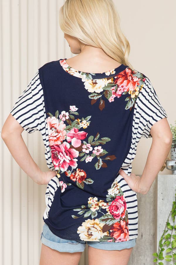 FLORAL TUNIC TOP WITH SIDE STRIPE CONTRAST: TURQUOISE