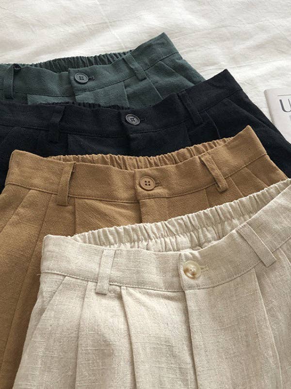 Loose Wide Leg Elasticity Pleated Solid Color Shorts: LINEN