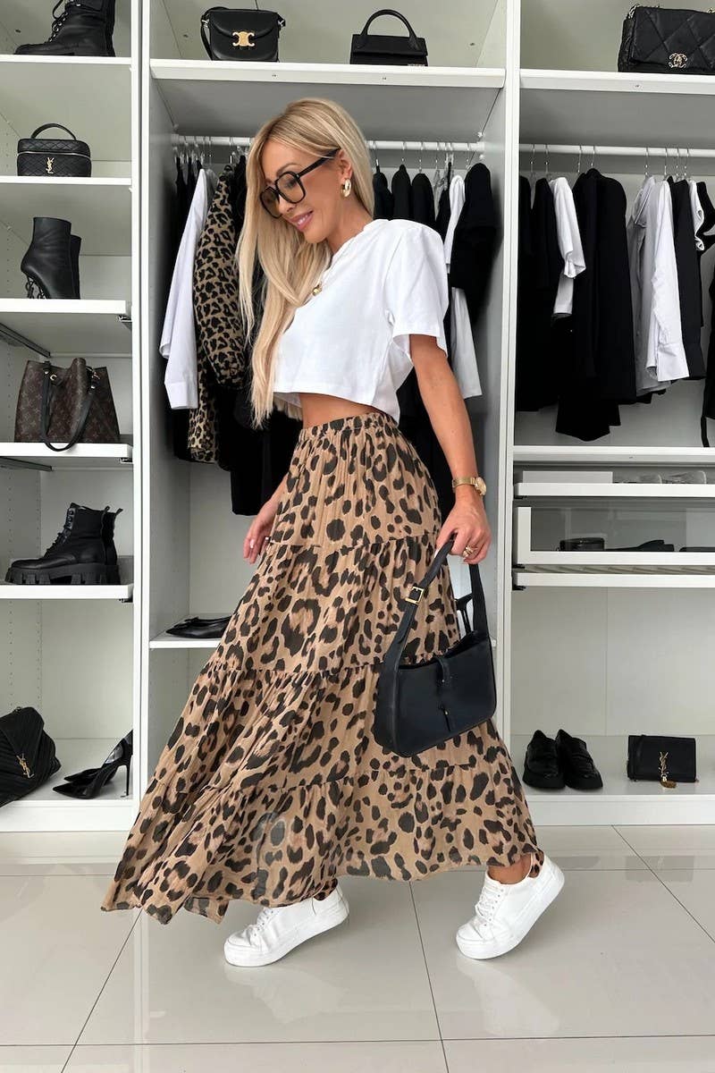 CWBLS0611_NEW AUTUMN LEOPARD PRINT SWING SKIRT: BLACKBROWN