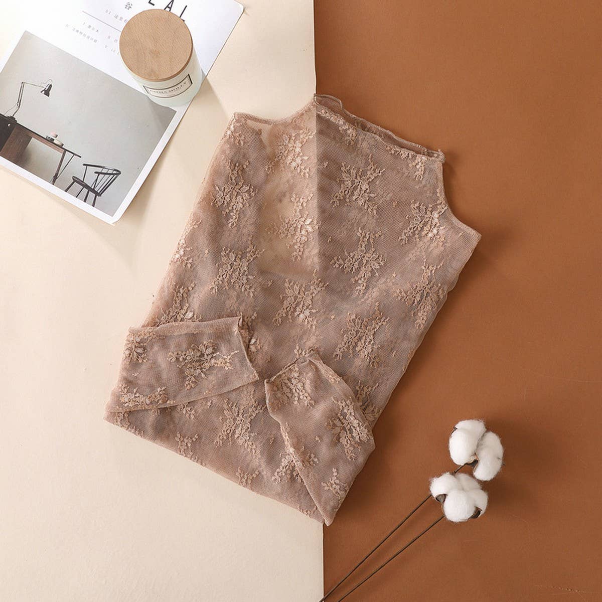 SEMI SHEER MESH LACE SEXY SLIM BOTTOMING SHIRT_CWTBLL2662: APRICOT