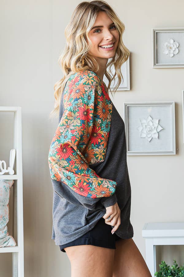 Western Oversized Fit Top with Dolman Floral Sleeves-HT12346: L / Charcoal