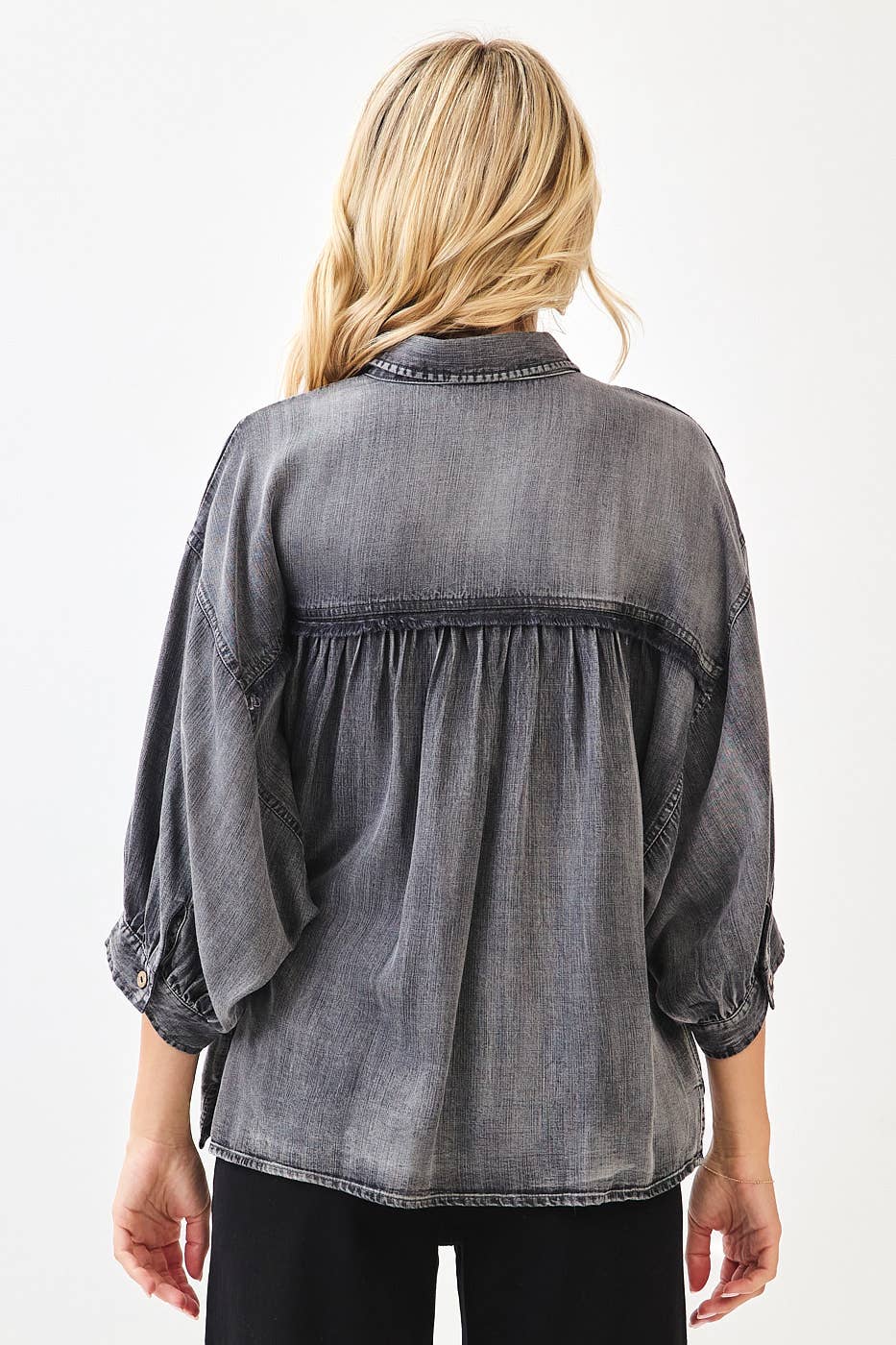 WASHED TENCEL CHAMBRAY DOLMAN SLEEVE SHIRT: DK DENIM / S-M-L(2-2-2)