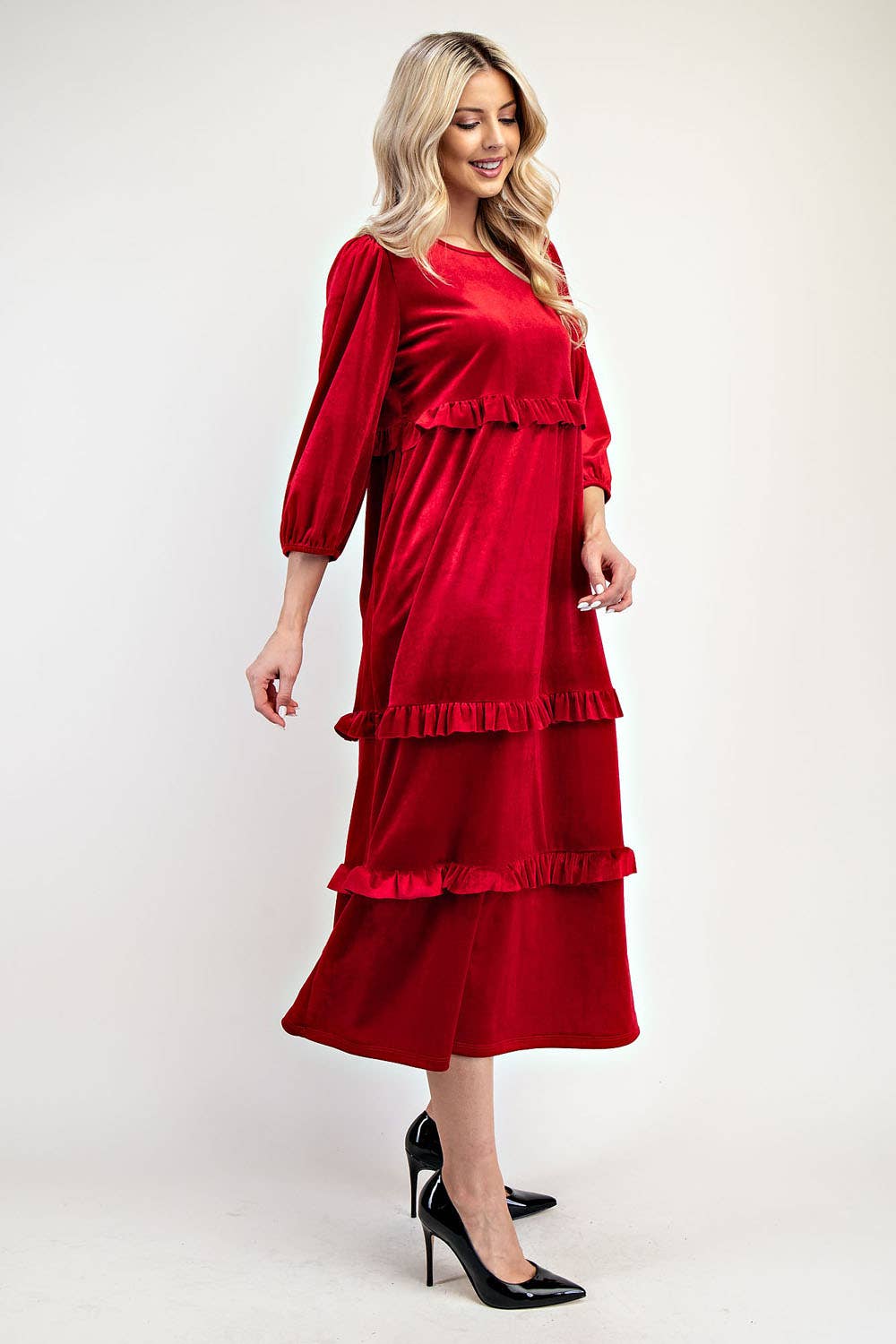 ELEGANT VELVET TIERED MODEST DRESS -MD33897: Purple
