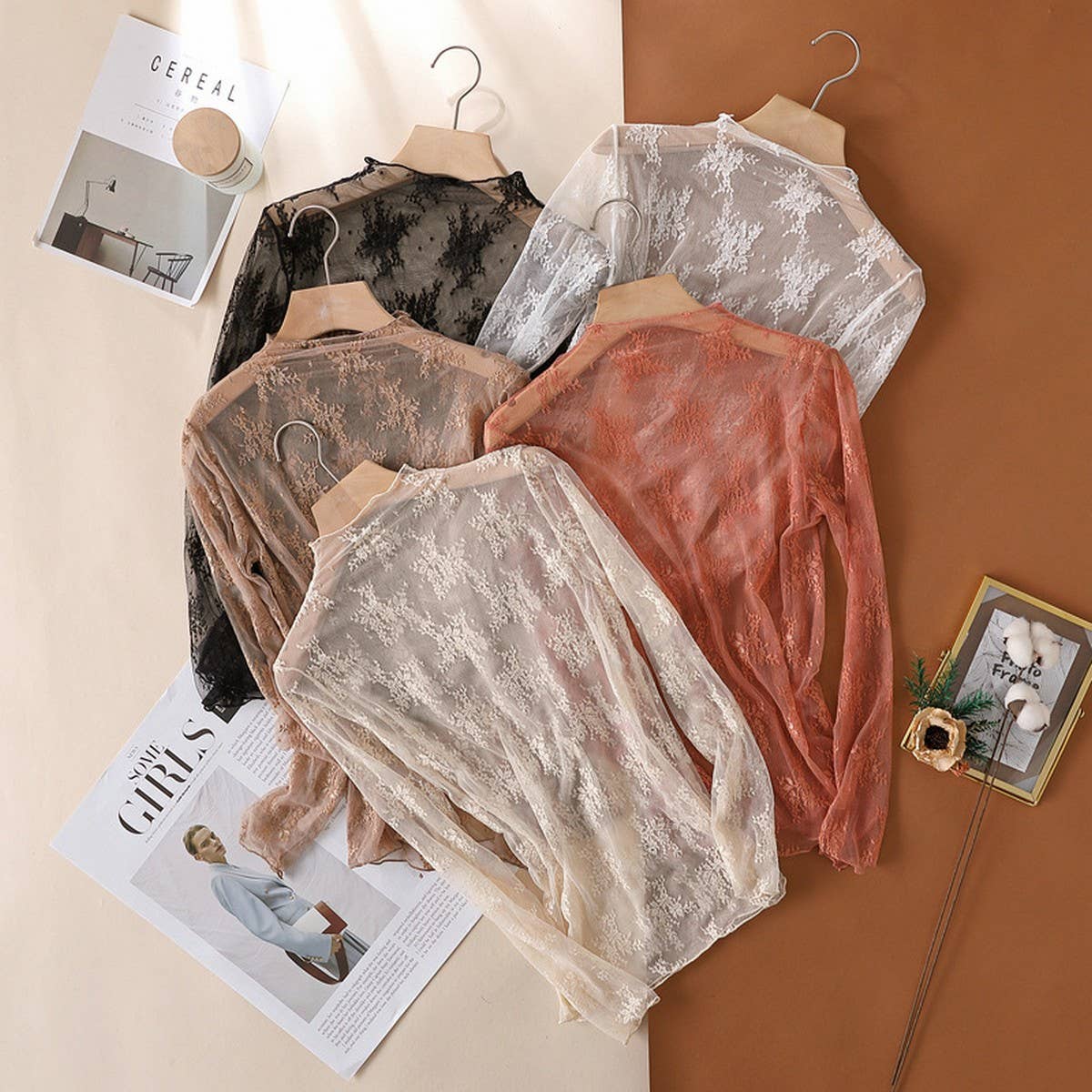 SEMI SHEER MESH LACE SEXY SLIM BOTTOMING SHIRT_CWTBLL2662: APRICOT