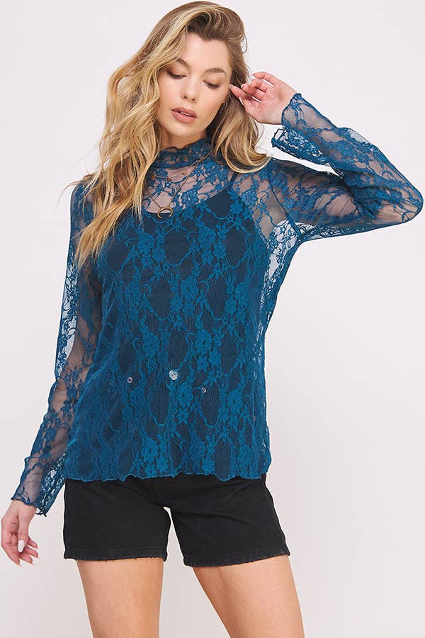 Floral print lace long sleeves top KRT1739 (Plus available): BLACK and White