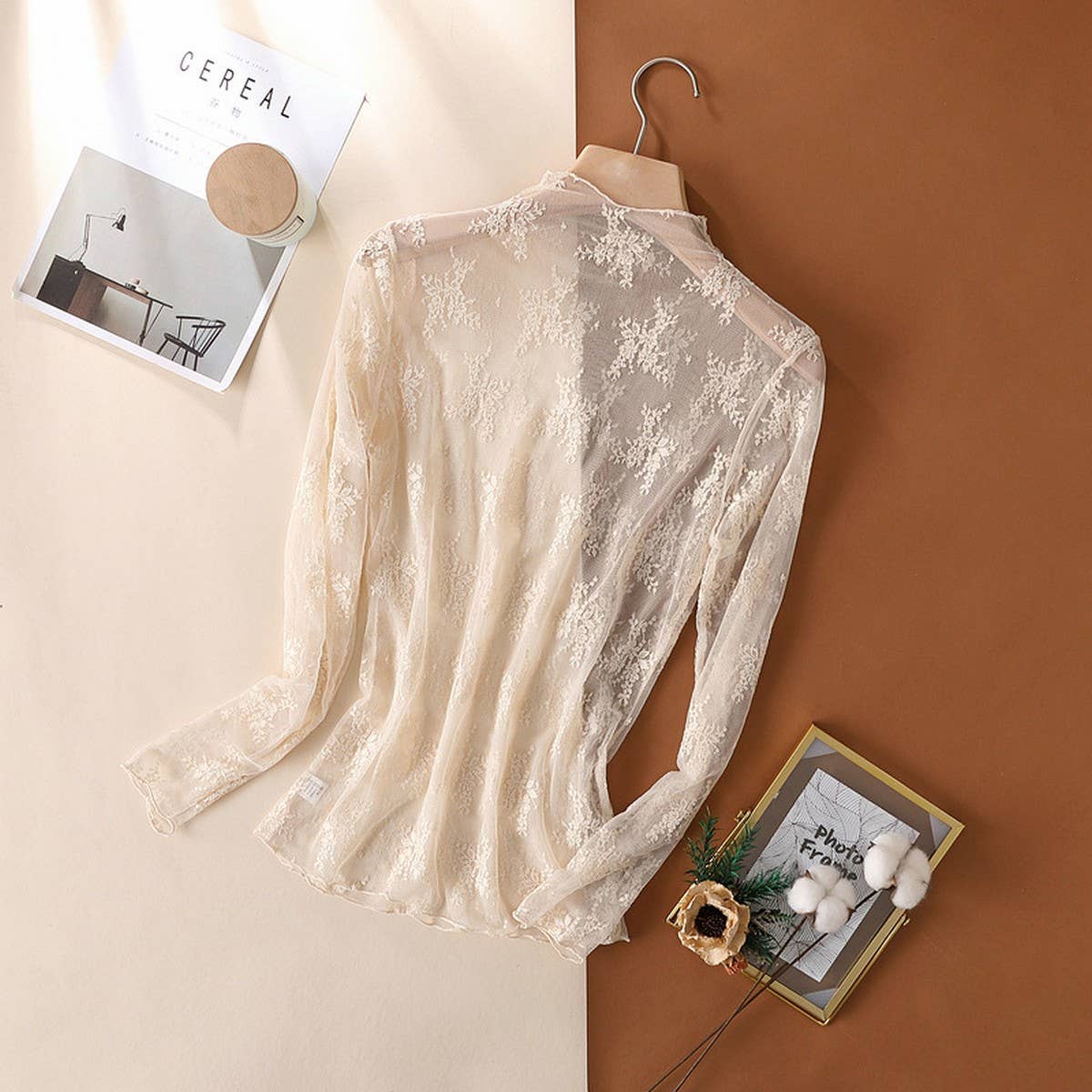 SEMI SHEER MESH LACE SEXY SLIM BOTTOMING SHIRT_CWTBLL2662: APRICOT