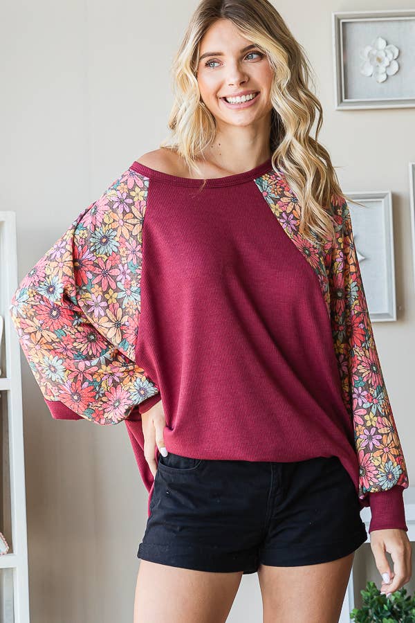 Western Oversized Fit Top with Dolman Floral Sleeves-HT12346: L / Charcoal