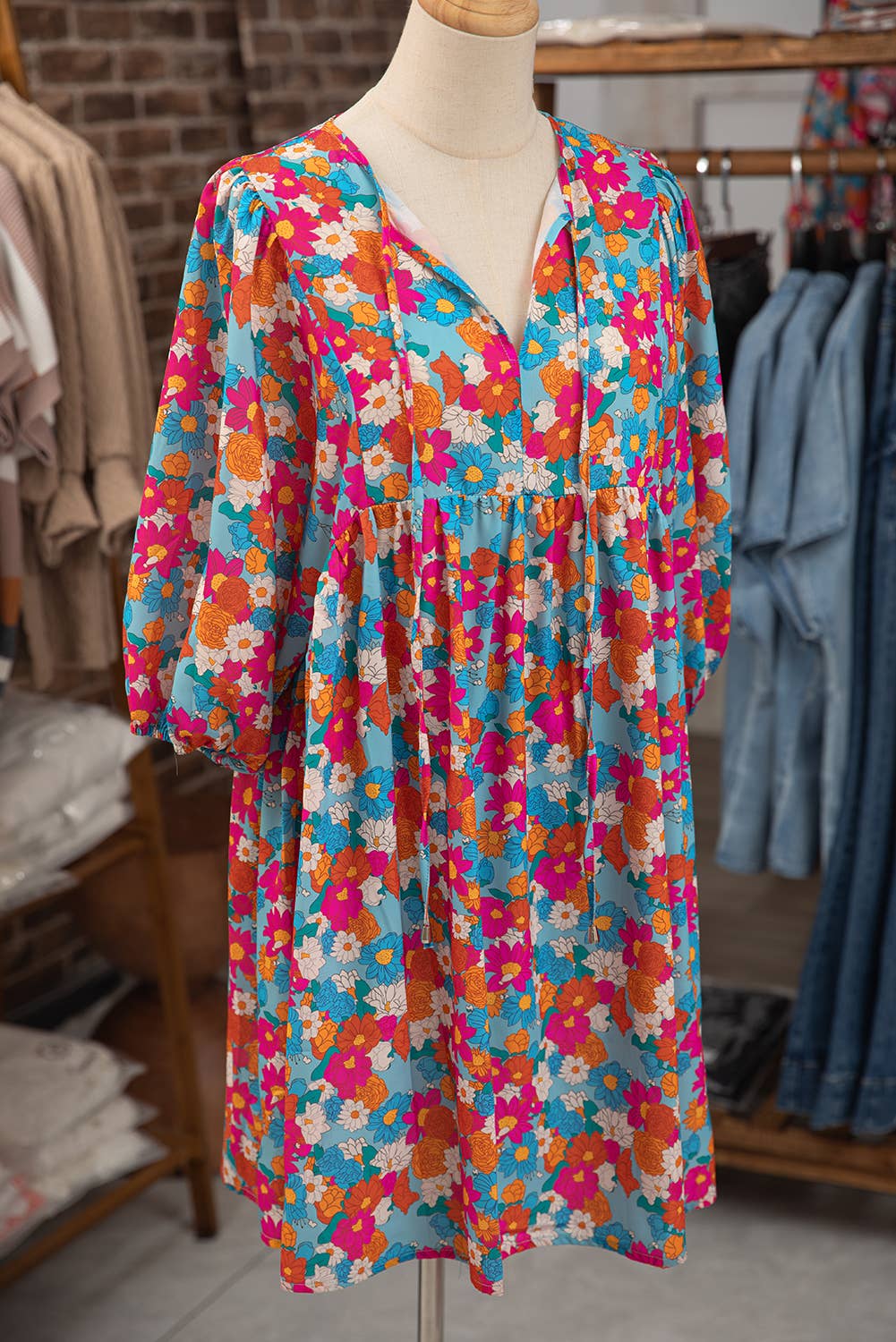 Women Floral Print Bubble Sleeve Babydoll Dress | S-XL: Multi-Colored / Missy