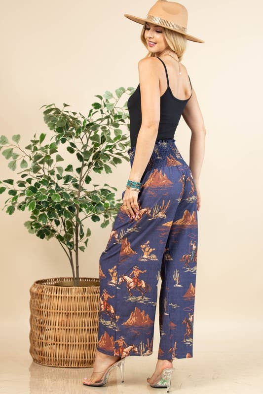 AV1243-WALLY WESTERN COWBOY DENIM PRINT WOVEN PANTS: Denim Blue / Contemporary