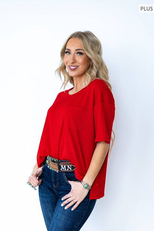 Ribbed Boyfriend Style Oversized Top: RED