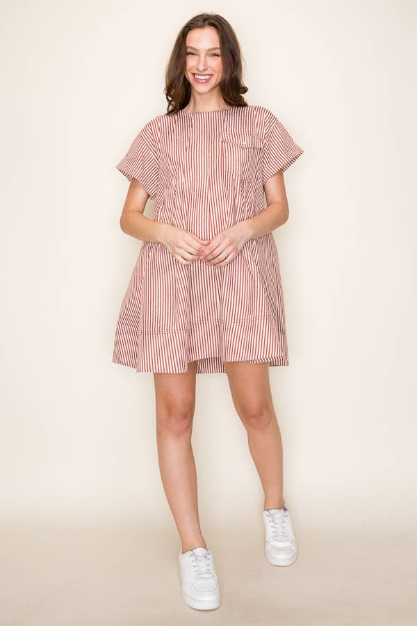 STRIPE SWING SHORT LOOSE FIT DRESS- SDD6375: RED STRIPE