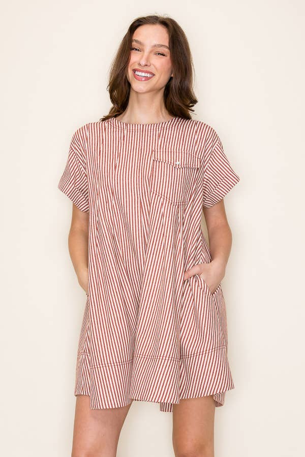 STRIPE SWING SHORT LOOSE FIT DRESS- SDD6375: RED STRIPE