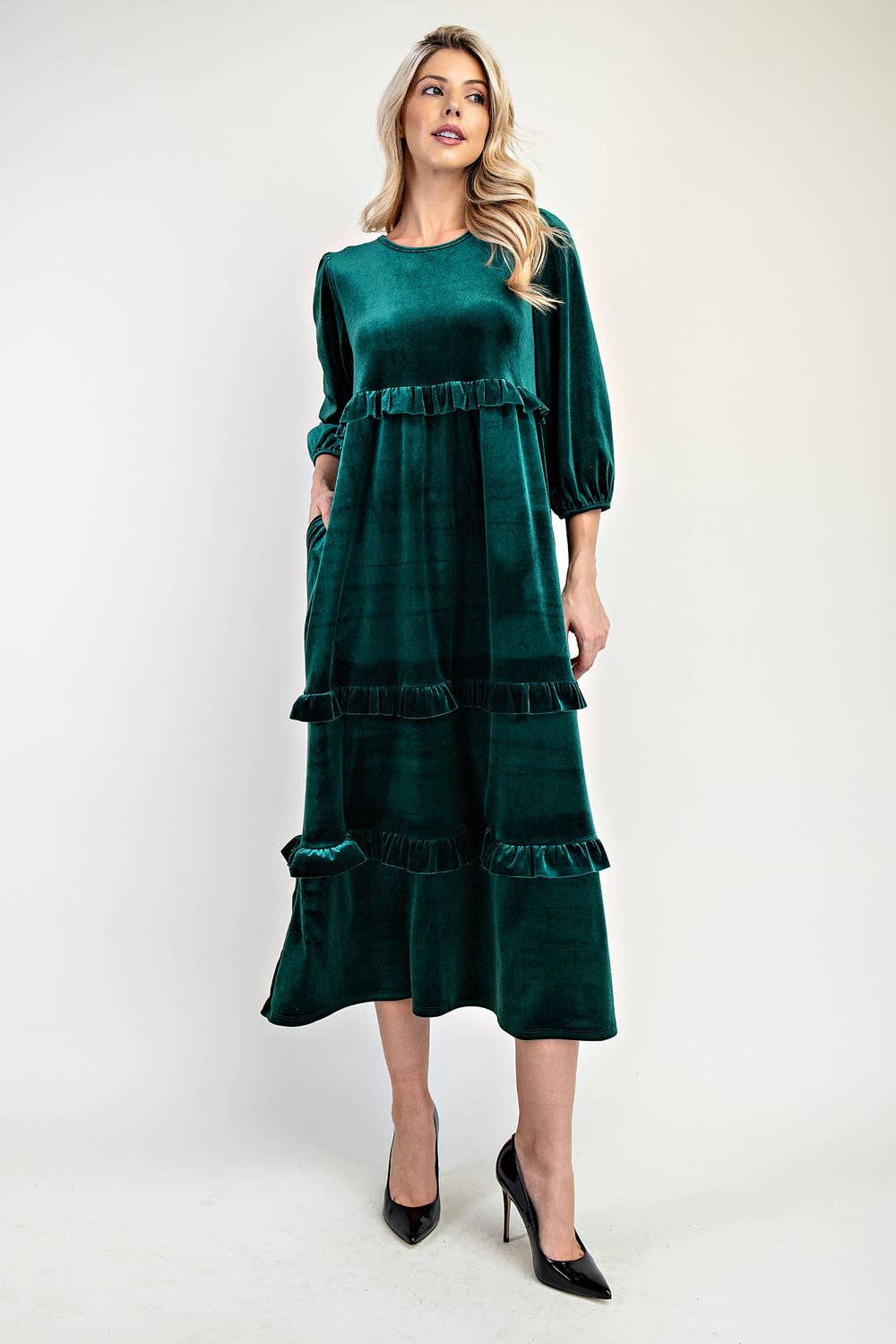 ELEGANT VELVET TIERED MODEST DRESS -MD33897: Purple