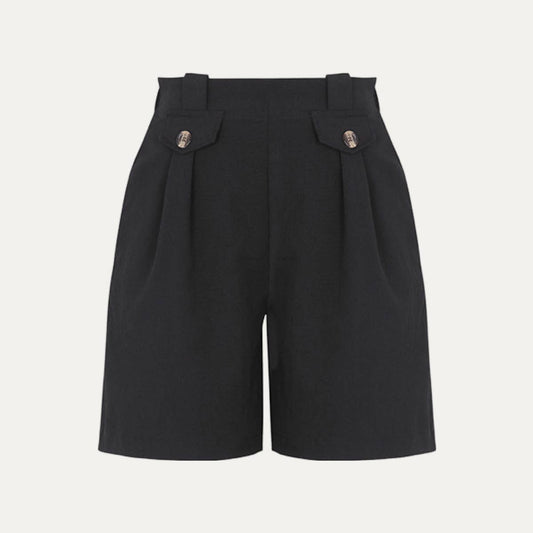 Relaxed Black High-Waisted Side Pockets Mini Shorts: Black