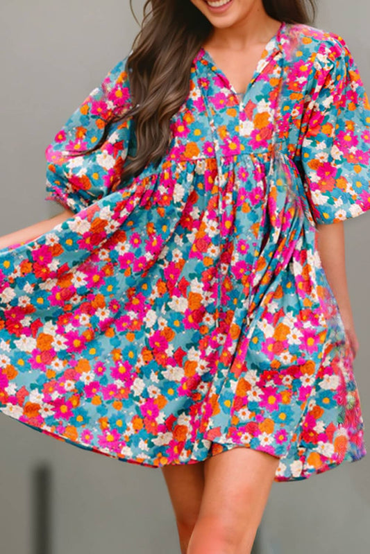 Women Floral Print Bubble Sleeve Babydoll Dress | S-XL: Multi-Colored / Missy