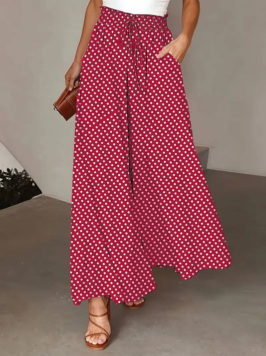Polka Dot Printed Wide Leg Pants: Red