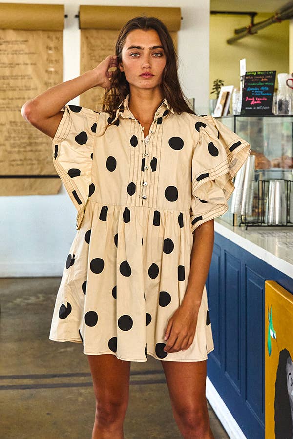 ID4283 Ruffle Sleeve Pintuck Detail Polka Dot Mini Dress: Taupe / S-M-L (2-2-2)