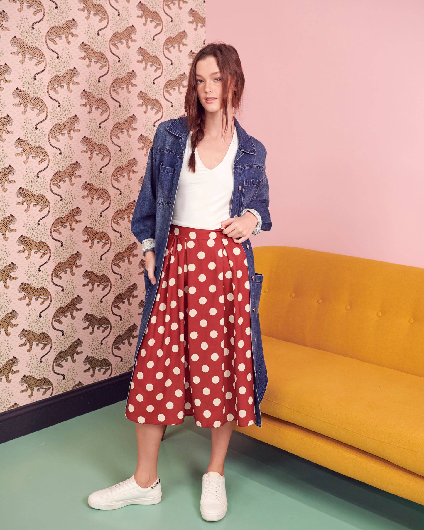 Polka dot PLEATED MIDI SKIRT KRS5041: BLACK