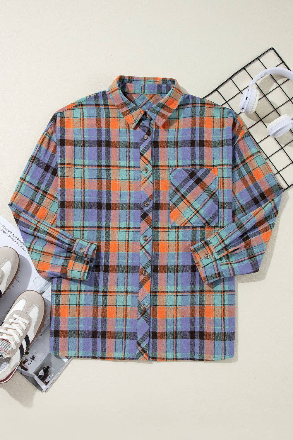 Women's Plaid Print Loose Vintage Shirt: Orange / 100%Cotton